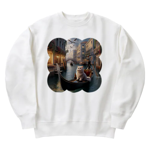 ヴェネツィアの運河でゴンドラに乗っているネコ Heavyweight Crew Neck Sweatshirt