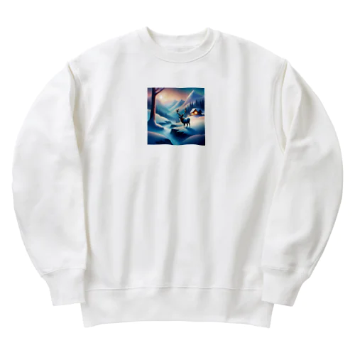 極光の冬景色とトナカイ Heavyweight Crew Neck Sweatshirt