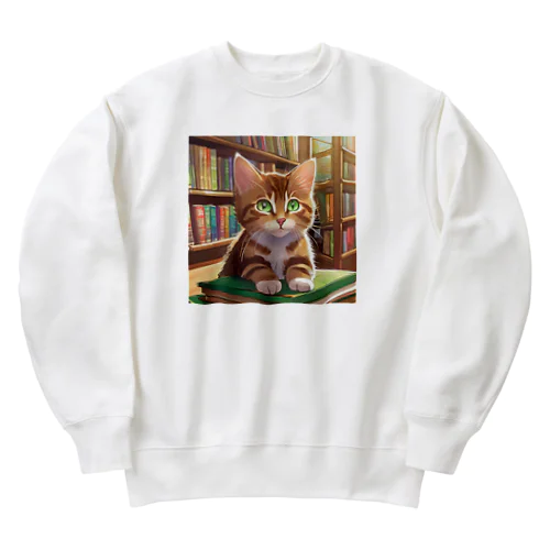 茶猫と図書室 Heavyweight Crew Neck Sweatshirt