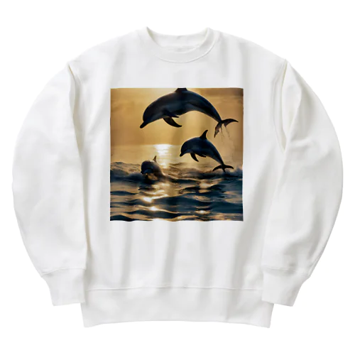 光を浴びて泳ぐイルカの親子 Heavyweight Crew Neck Sweatshirt