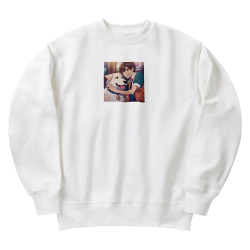 珍しい友情！可愛らしい少年とワンちゃん Heavyweight Crew Neck Sweatshirt