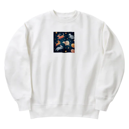 宇宙の楽園で共に輝く、かわいい動物たち Heavyweight Crew Neck Sweatshirt