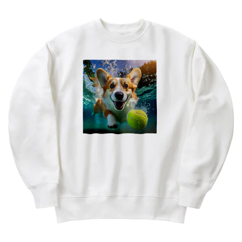 水中でテニスボールを追いかけるコーギー Heavyweight Crew Neck Sweatshirt