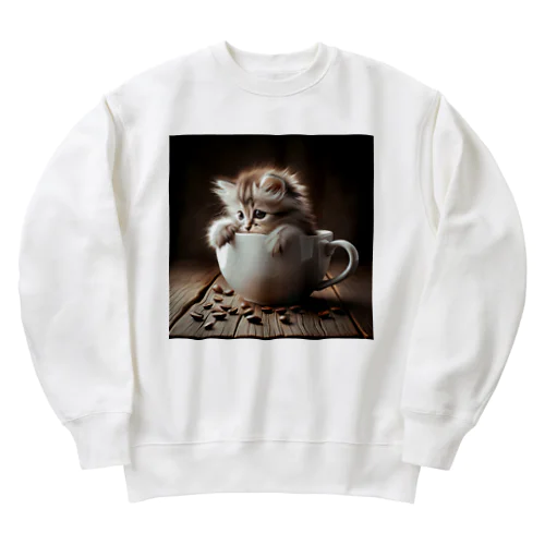 ふわふわ子猫とカフェのおしゃれなコーヒーカップ Heavyweight Crew Neck Sweatshirt