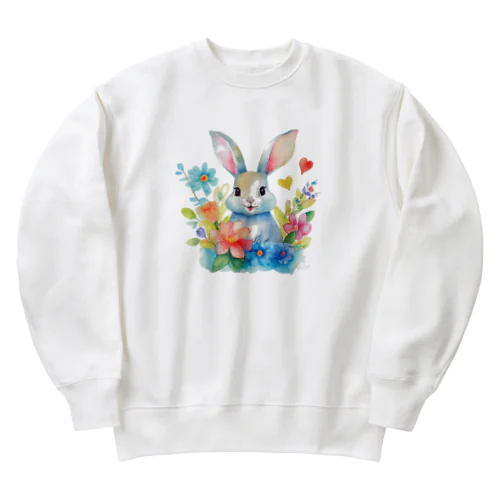 花に囲まれたうさぎ2 Heavyweight Crew Neck Sweatshirt