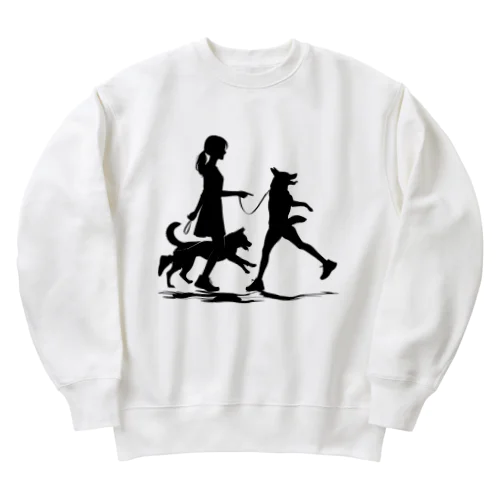 犬を散歩する女の子のシルエット Heavyweight Crew Neck Sweatshirt