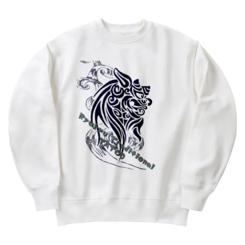 Ryukyu traditional シーサー(絣柄　波) Heavyweight Crew Neck Sweatshirt