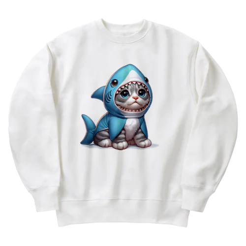 サメのフードを被った子猫 Heavyweight Crew Neck Sweatshirt