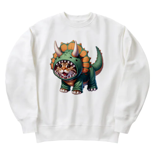 トリケラトプスのフードを被った子猫 Heavyweight Crew Neck Sweatshirt