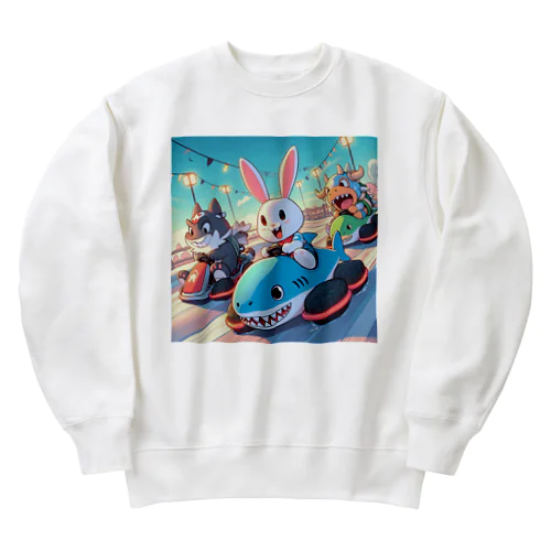 カワイイうさぎとクールな牛が、まるでマリオカートのようなスピード感を楽しむカーレース中！ Heavyweight Crew Neck Sweatshirt