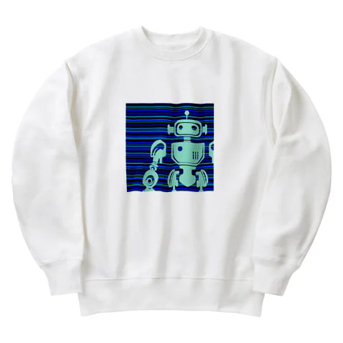 青いボーダー地と水色のレト口なロボットのシルエット Heavyweight Crew Neck Sweatshirt