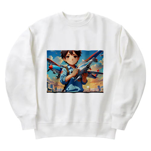 空を駆けるかっこいい飛行機模型を手にした子供 Heavyweight Crew Neck Sweatshirt