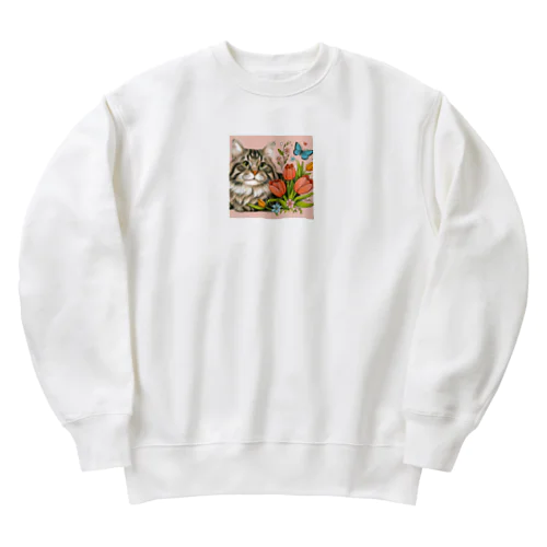 猫とチューリップ Heavyweight Crew Neck Sweatshirt