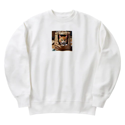 袋に入り込んで遊んでいる猫 Heavyweight Crew Neck Sweatshirt