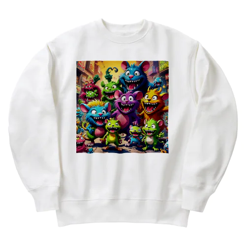 モンスターの親子が笑顔で楽しそうに遊んでいる風景 Heavyweight Crew Neck Sweatshirt