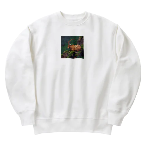 眠っているアイベックスのピクセル化された写真 Heavyweight Crew Neck Sweatshirt