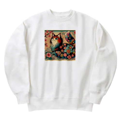 浮世絵風　カラフル猫「Ukiyo-e-style Colorful Cat」「浮世绘风格的多彩猫」 Heavyweight Crew Neck Sweatshirt