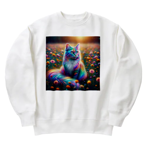 虹色に輝く優雅な猫 Heavyweight Crew Neck Sweatshirt