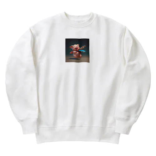 おもちゃの飛行機で遊ぶかわいいブタ Heavyweight Crew Neck Sweatshirt