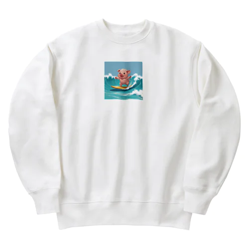 かわいいブタのサーフィンウェーブ Heavyweight Crew Neck Sweatshirt