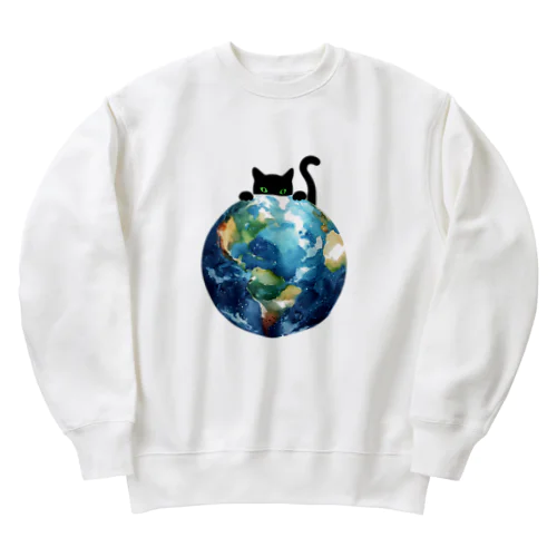 地球と黒猫 Heavyweight Crew Neck Sweatshirt
