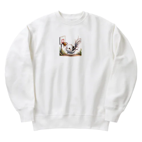 バスケットをしているかわいいシマエナガ Heavyweight Crew Neck Sweatshirt