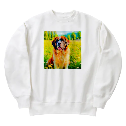 水彩画の犬 花畑のセントバーナードのイラスト Heavyweight Crew Neck Sweatshirt