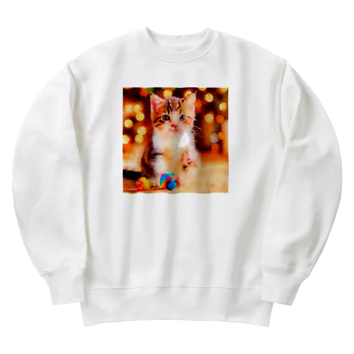 猫の水彩画/キジシロねこのイラスト/おもちゃで遊ぶキジ白ネコ Heavyweight Crew Neck Sweatshirt