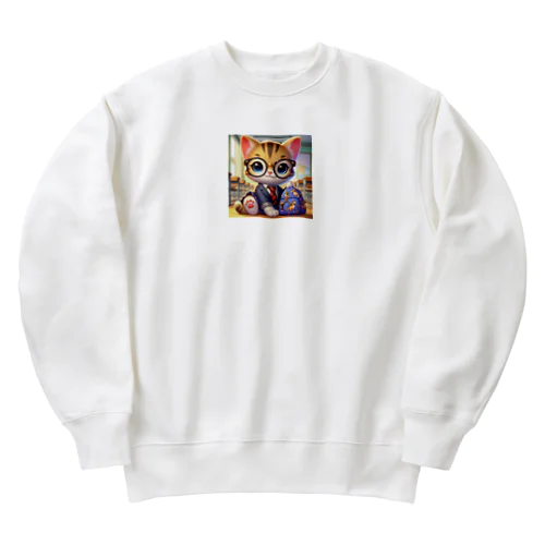 メガネのニャンコ３D・学校ver② Heavyweight Crew Neck Sweatshirt