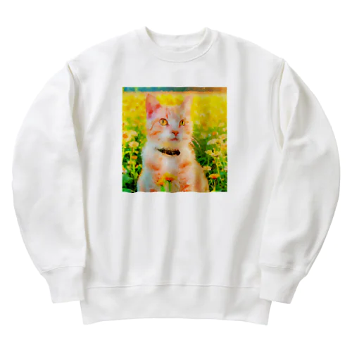 猫の水彩画/花畑のチャシロねこのイラスト/茶白ネコ Heavyweight Crew Neck Sweatshirt