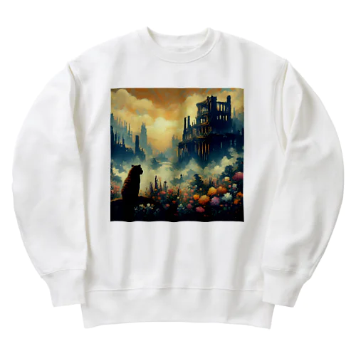 古代遺跡と花畑の中の虎 Heavyweight Crew Neck Sweatshirt