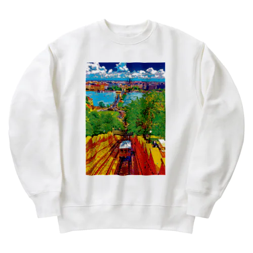 ハンガリー ブダ城ケーブルカーとブダペストの街並み Heavyweight Crew Neck Sweatshirt