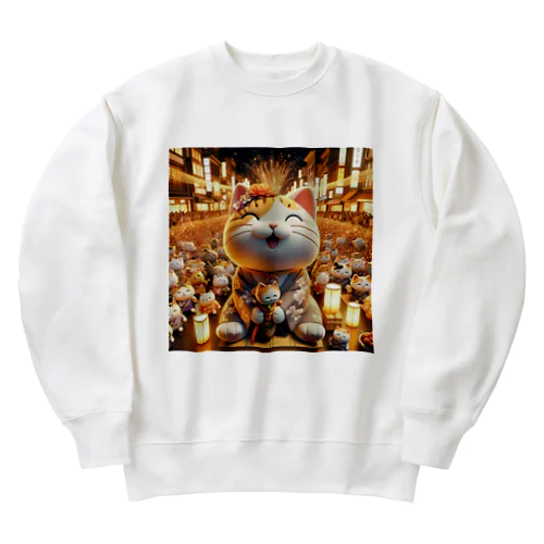 夏の夜に灯る提灯、その下で風情漂う着物を身にまとった猫たち Heavyweight Crew Neck Sweatshirt