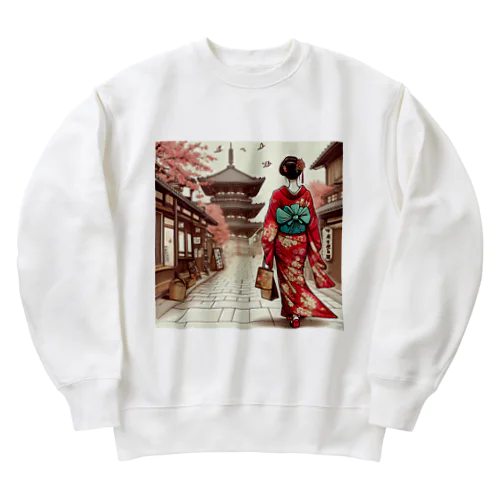 京都を歩く着物美人イラスト Heavyweight Crew Neck Sweatshirt