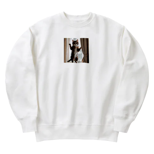 カーテンと遊ぶ愛らしい猫ちゃん Heavyweight Crew Neck Sweatshirt