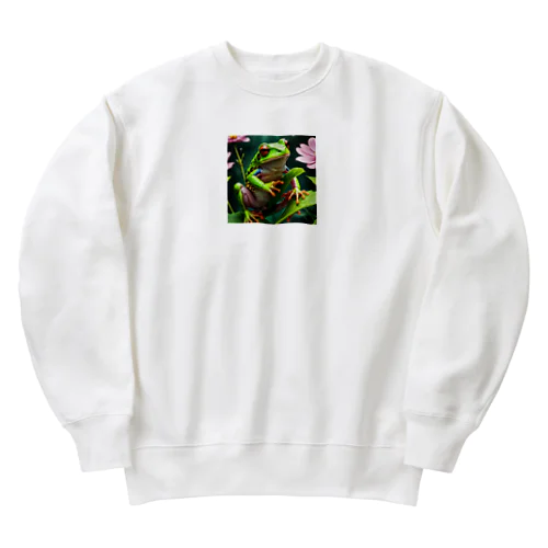 コスモスの葉をよじ登るアマガエル Heavyweight Crew Neck Sweatshirt