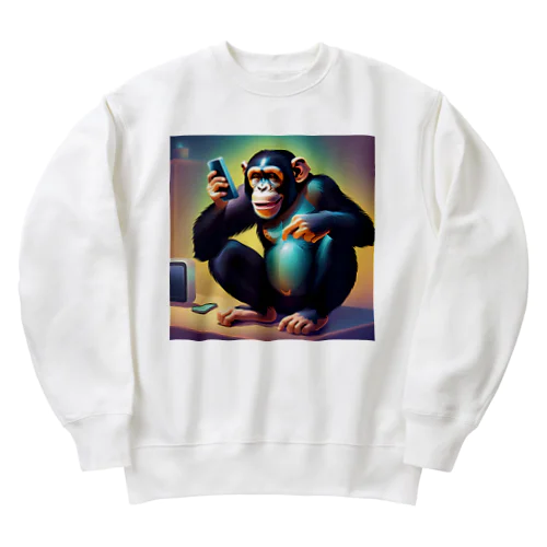 スマホを楽しむチンパンジー Heavyweight Crew Neck Sweatshirt