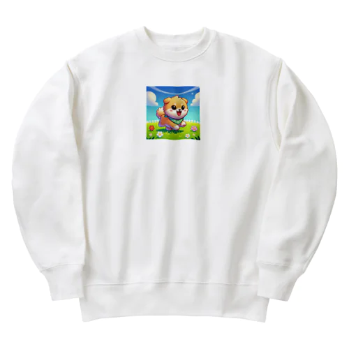 花咲く庭で楽しそうに走る柴犬ちゃん Heavyweight Crew Neck Sweatshirt