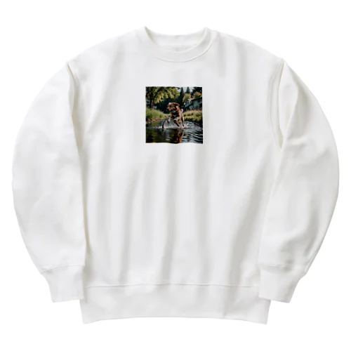 水辺を走る犬 dog runnning on the water Heavyweight Crew Neck Sweatshirt