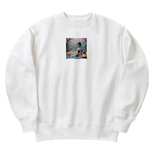 着物女性と桜 Heavyweight Crew Neck Sweatshirt