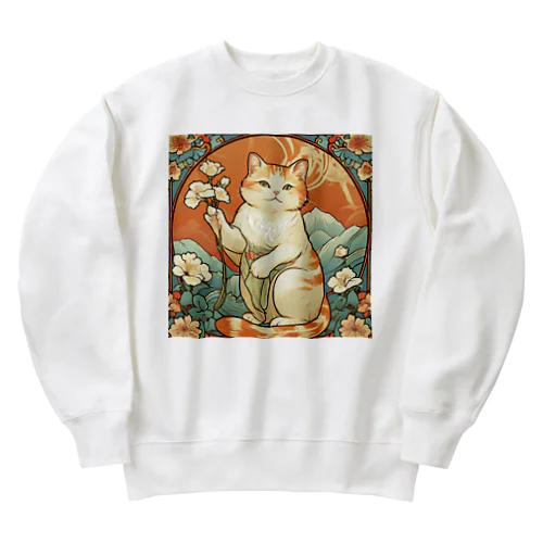 幸運を招いてない猫。花を持ってるだけよね Heavyweight Crew Neck Sweatshirt