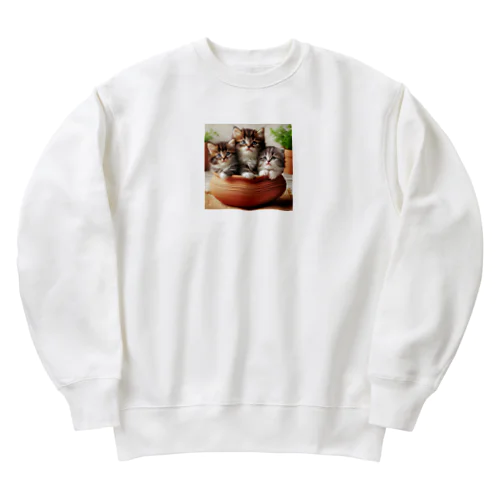 土鍋に可愛い親子猫が3匹④ Heavyweight Crew Neck Sweatshirt