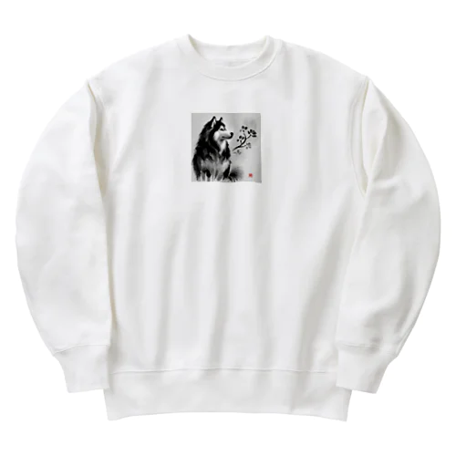 水墨画風シベリアンハスキー Heavyweight Crew Neck Sweatshirt