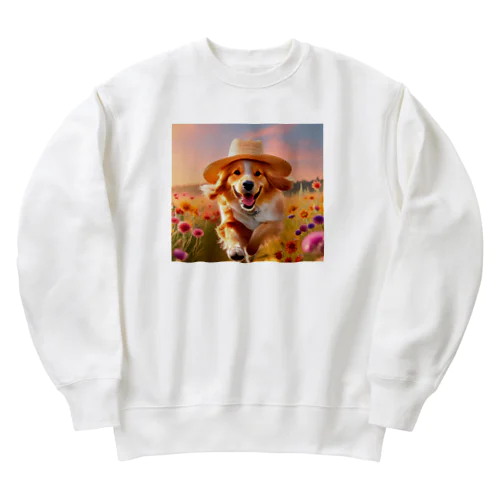 麦わら帽子をかぶって走るわんこ Heavyweight Crew Neck Sweatshirt