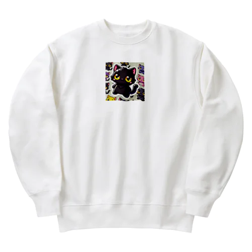 魅惑の黒猫が、カラフルな背景と調和してかわいさを放つシーン Heavyweight Crew Neck Sweatshirt