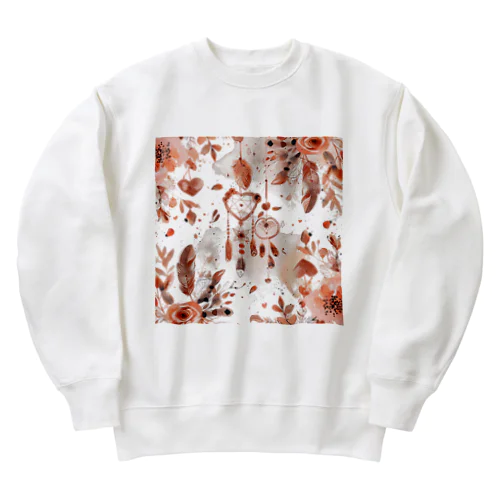 ハート　赤　飾り　羽根　葉　可愛い Heavyweight Crew Neck Sweatshirt