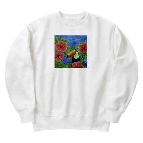 ハイビスカスの花とオニオオハシ Heavyweight Crew Neck Sweatshirt