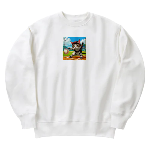 もうすぐ甲子園！野球の練習するニャンコ A Heavyweight Crew Neck Sweatshirt