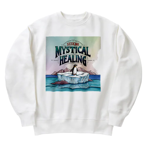 「手描きのペンギンと氷山の風景」 Heavyweight Crew Neck Sweatshirt