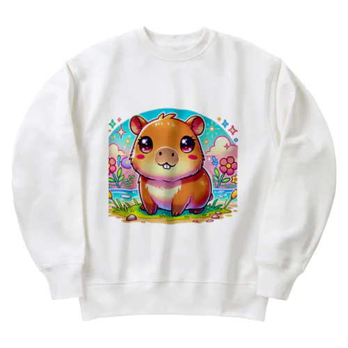 癒しのカピバラ - ほのぼのアニメイラスト Heavyweight Crew Neck Sweatshirt